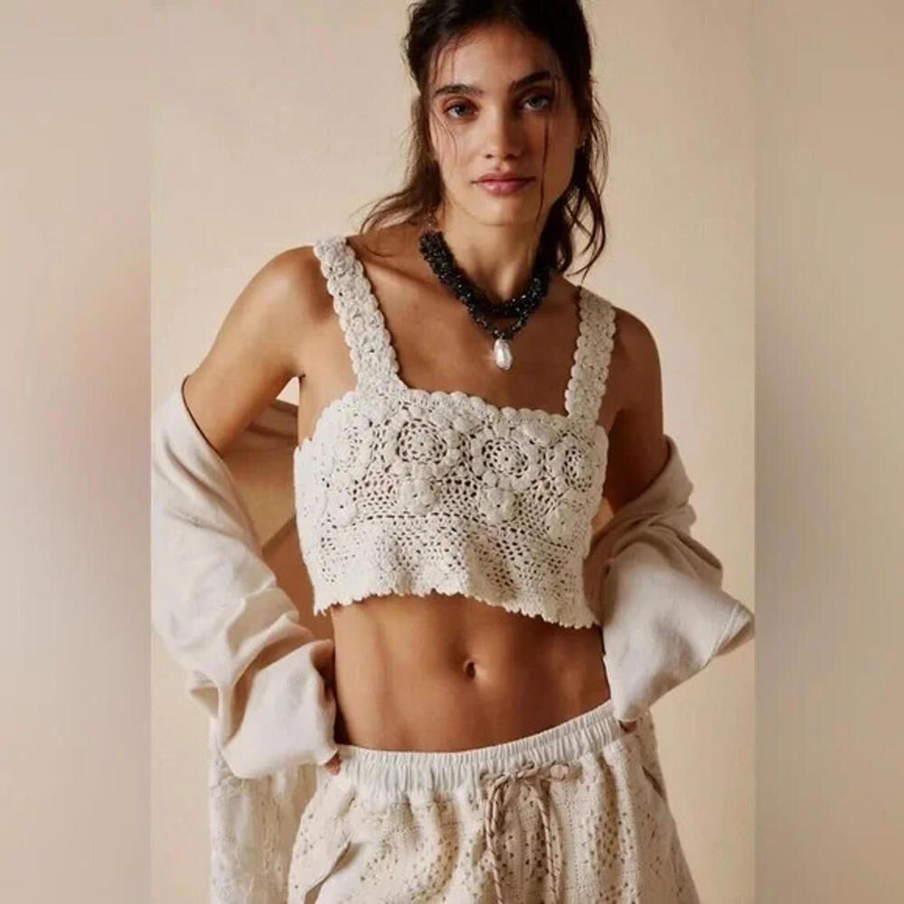 Free People Cream Crochet Cropped Tank